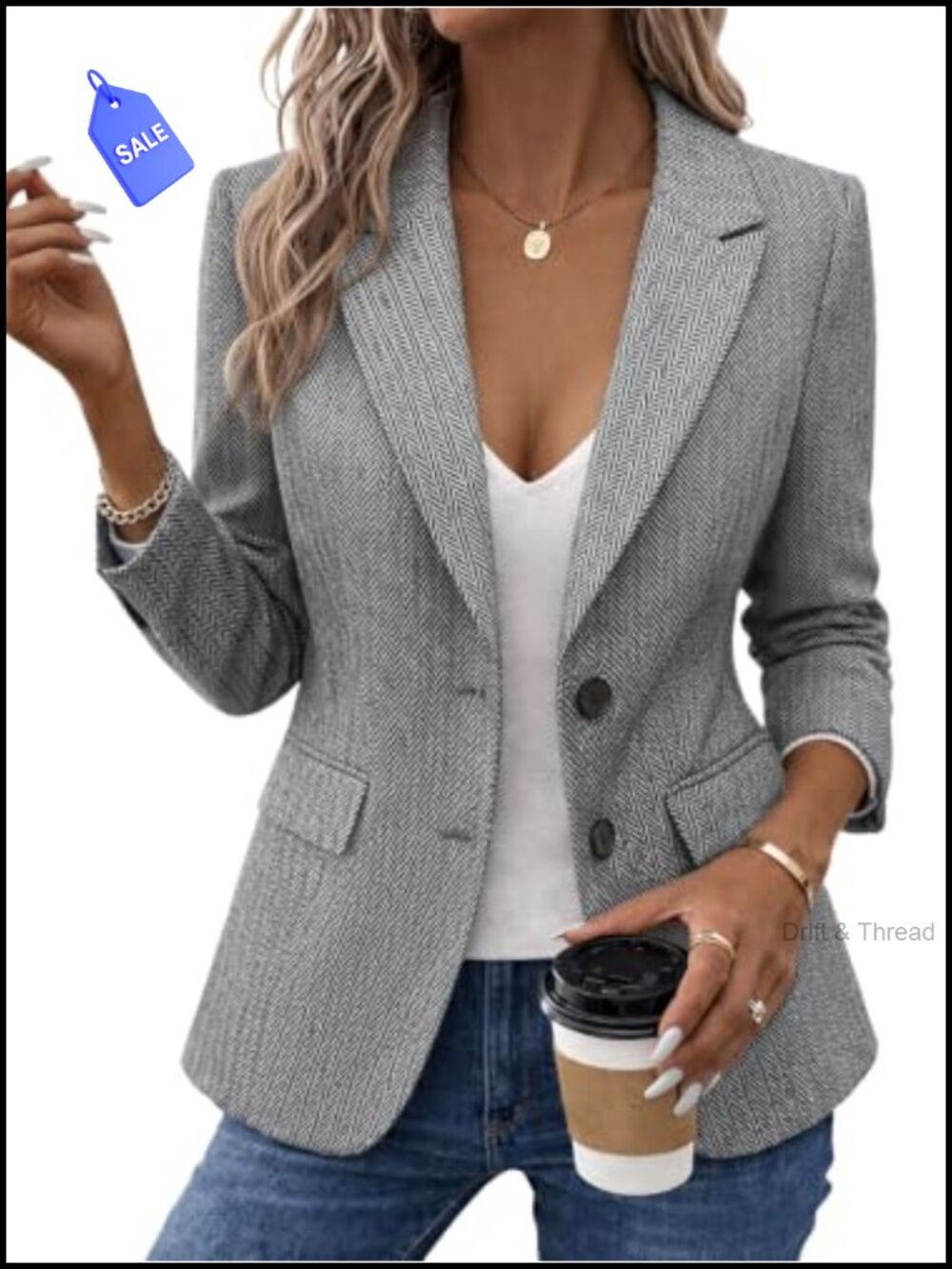 Herringbone Tweed Blazer Tailored Work Office Jacket